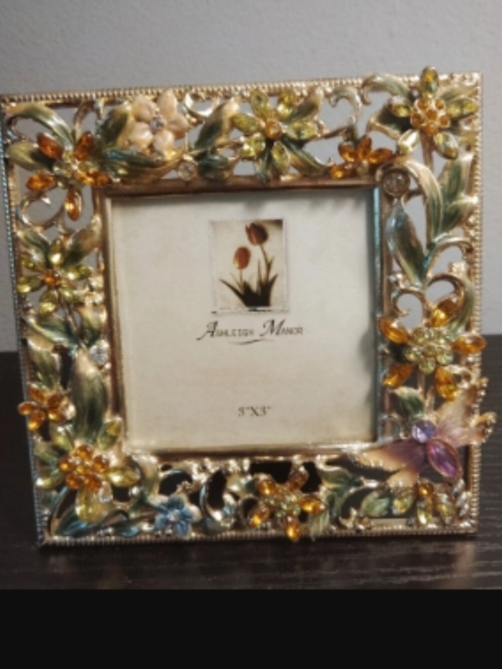Ashleigh Manor Enamel Rhinestone Floral Frame 3" X 3" New